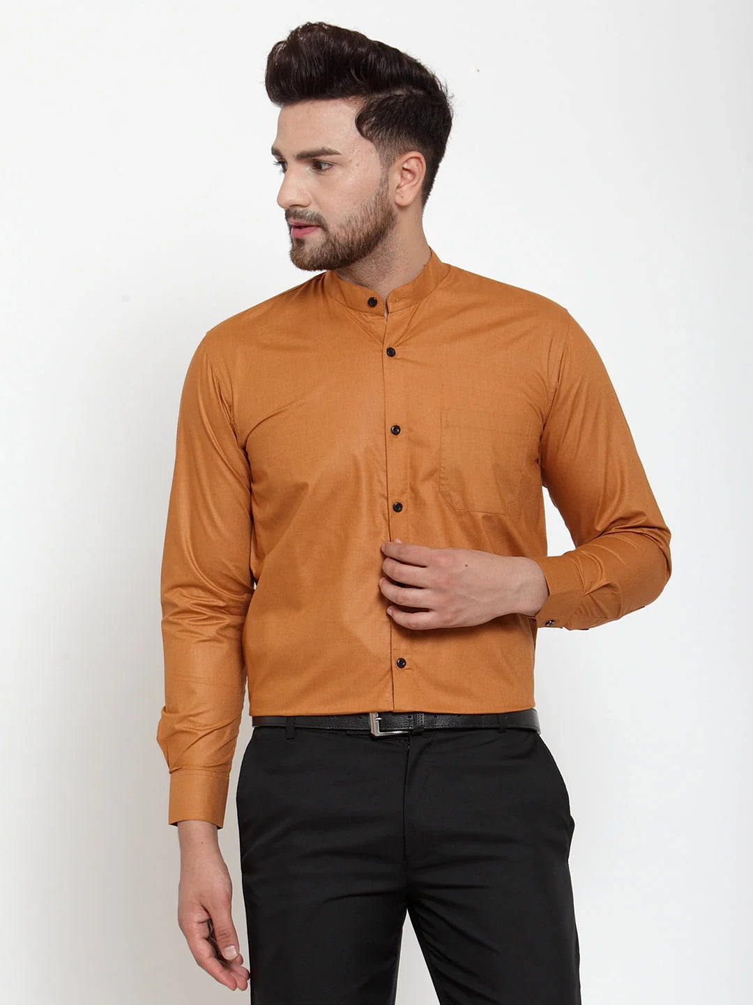 Rust Cotton Mandarin Collar Mens Shirt - Formal Shirts
