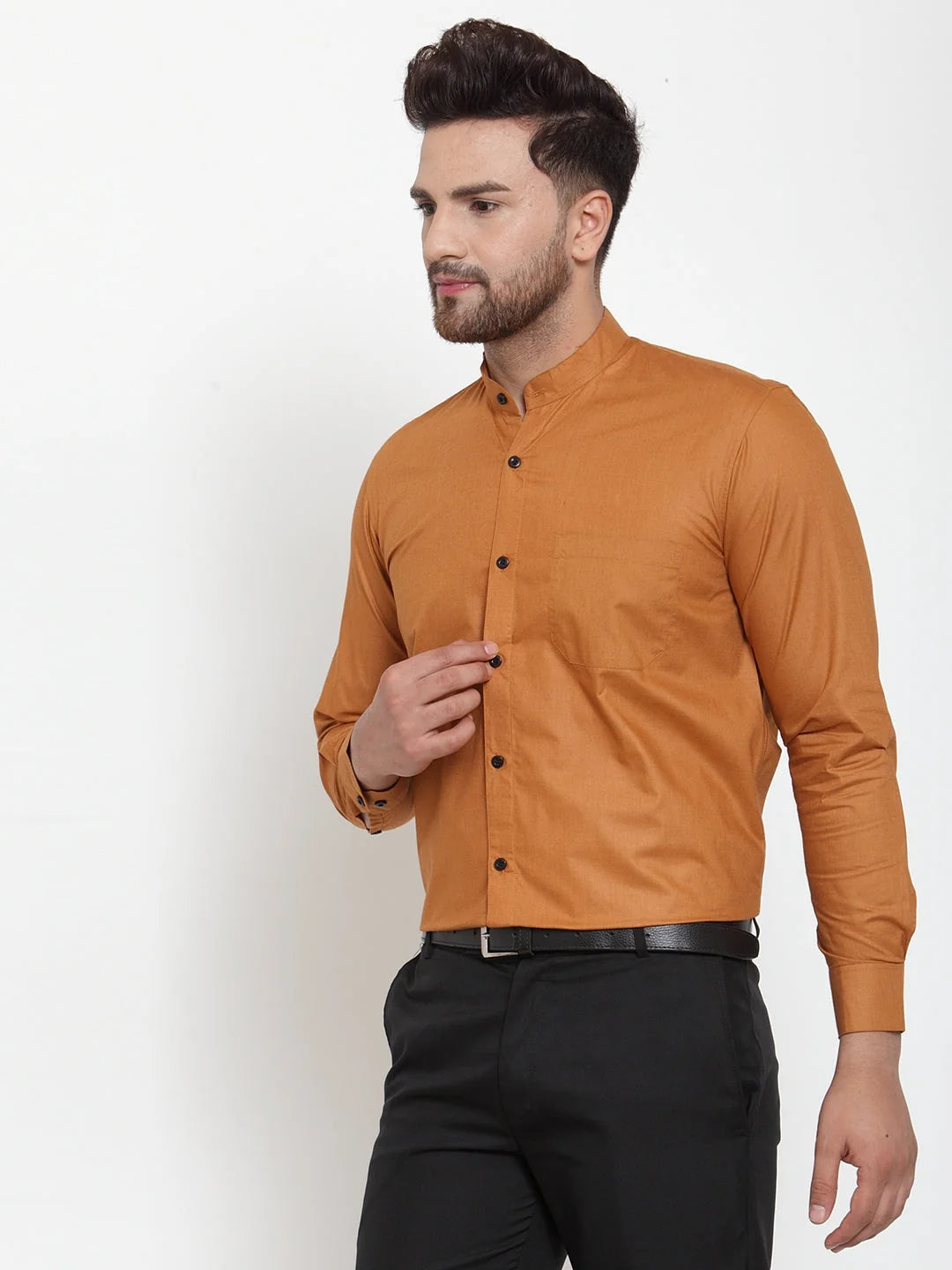 Rust Cotton Mandarin Collar Mens Shirt - Formal Shirts