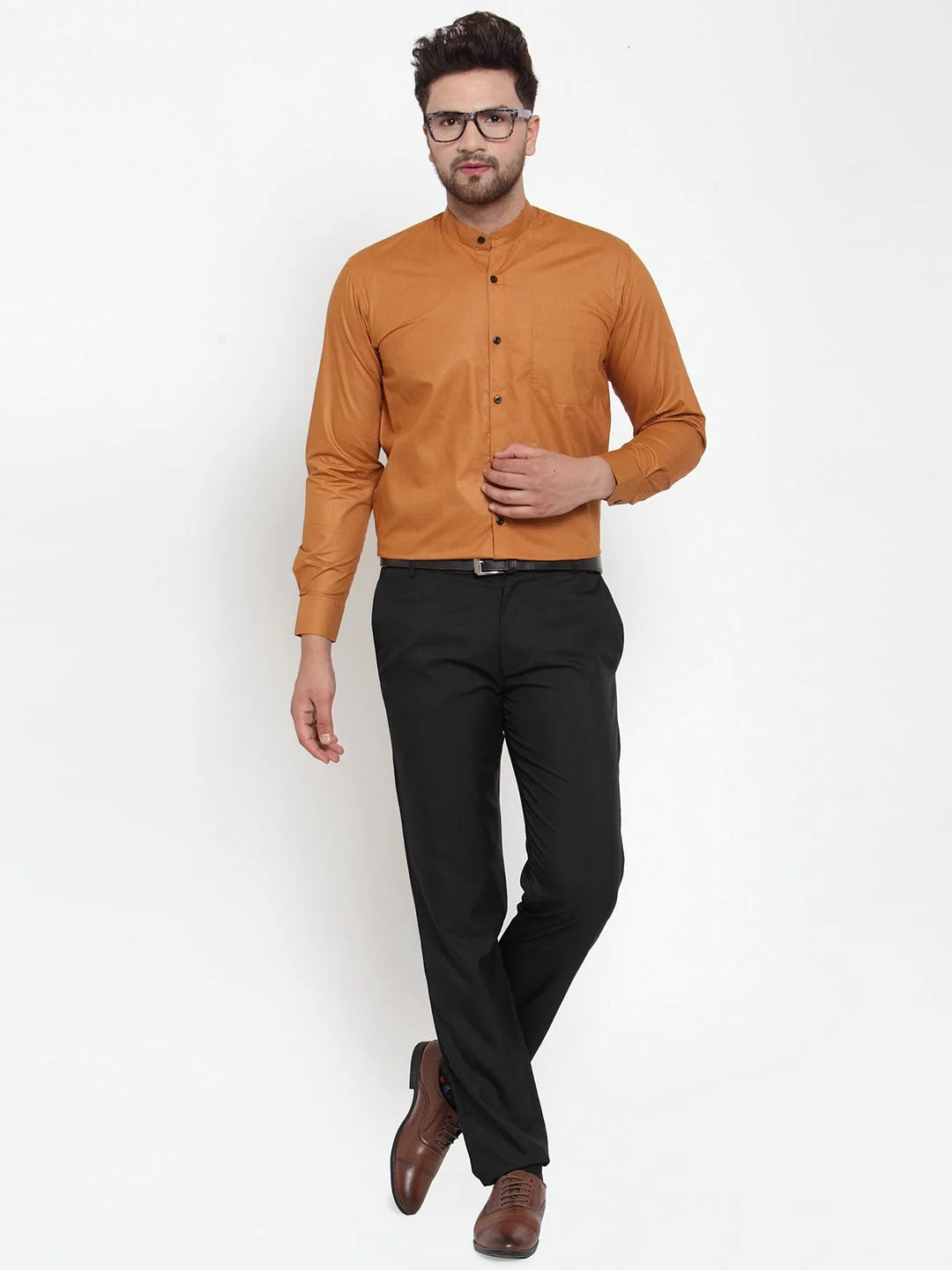 Rust Cotton Mandarin Collar Mens Shirt - Formal Shirts