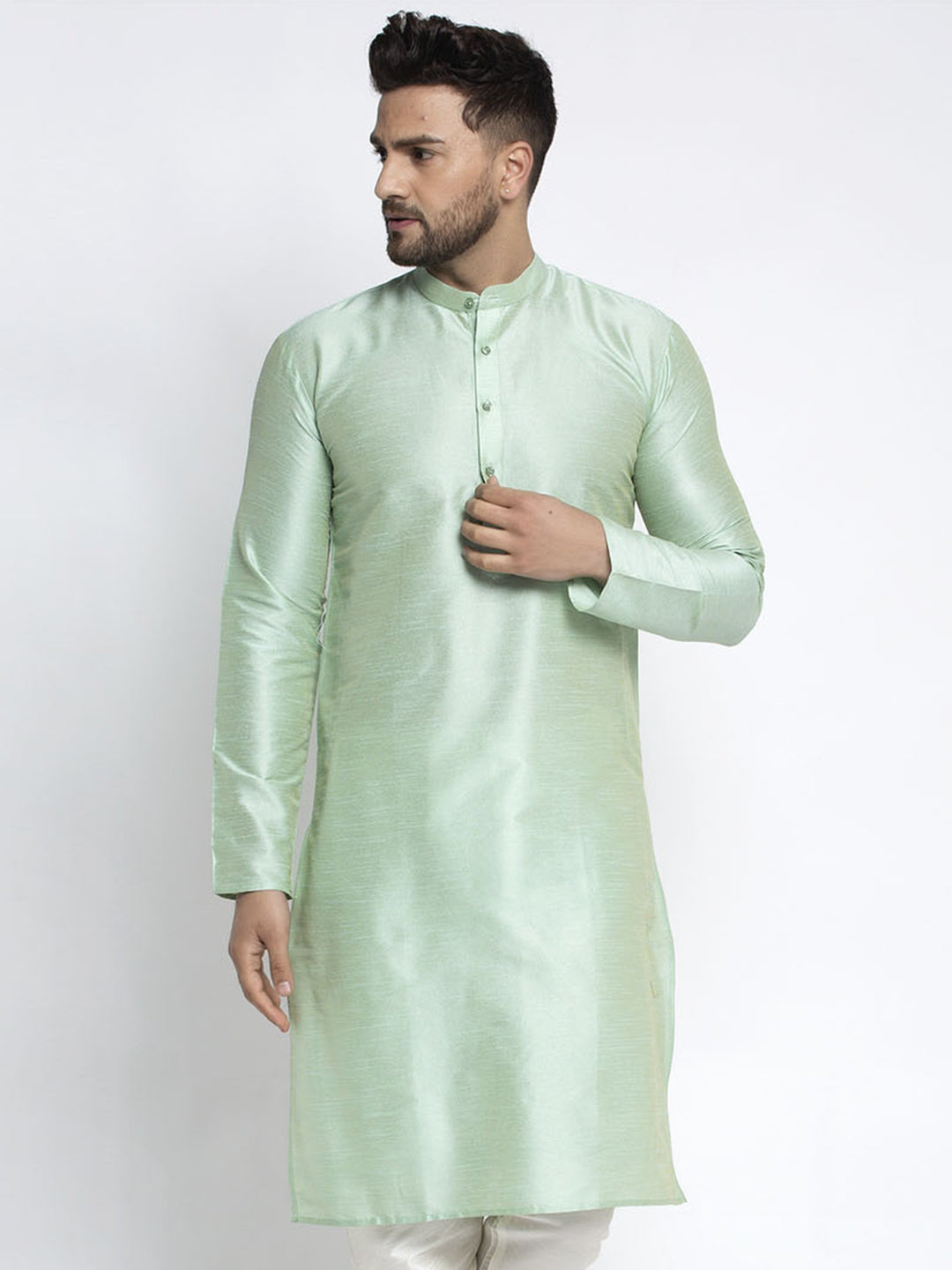 Men's Green Solid Dupion Silk Kurta Only