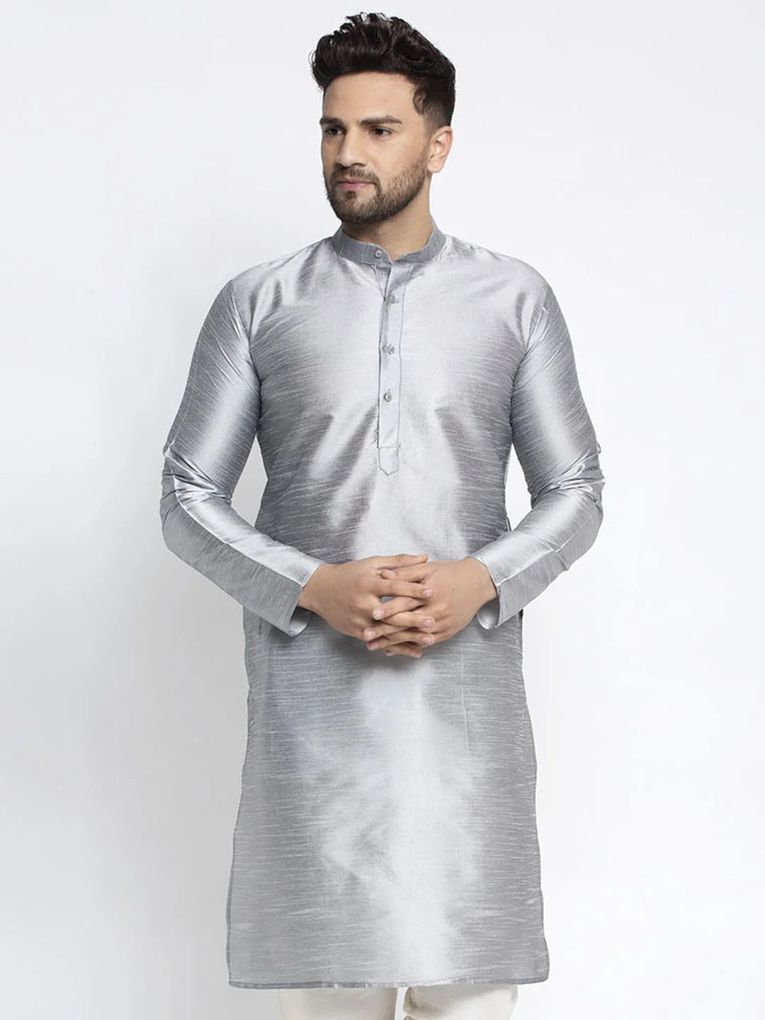 Silver Dupion Silk Men's Kurta - Indian Kurta for Men