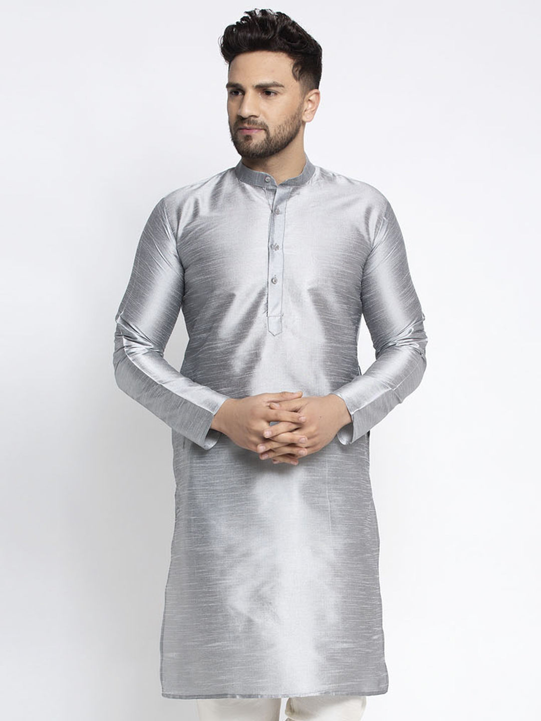 Men's Silver Solid Dupion Silk Kurta Only