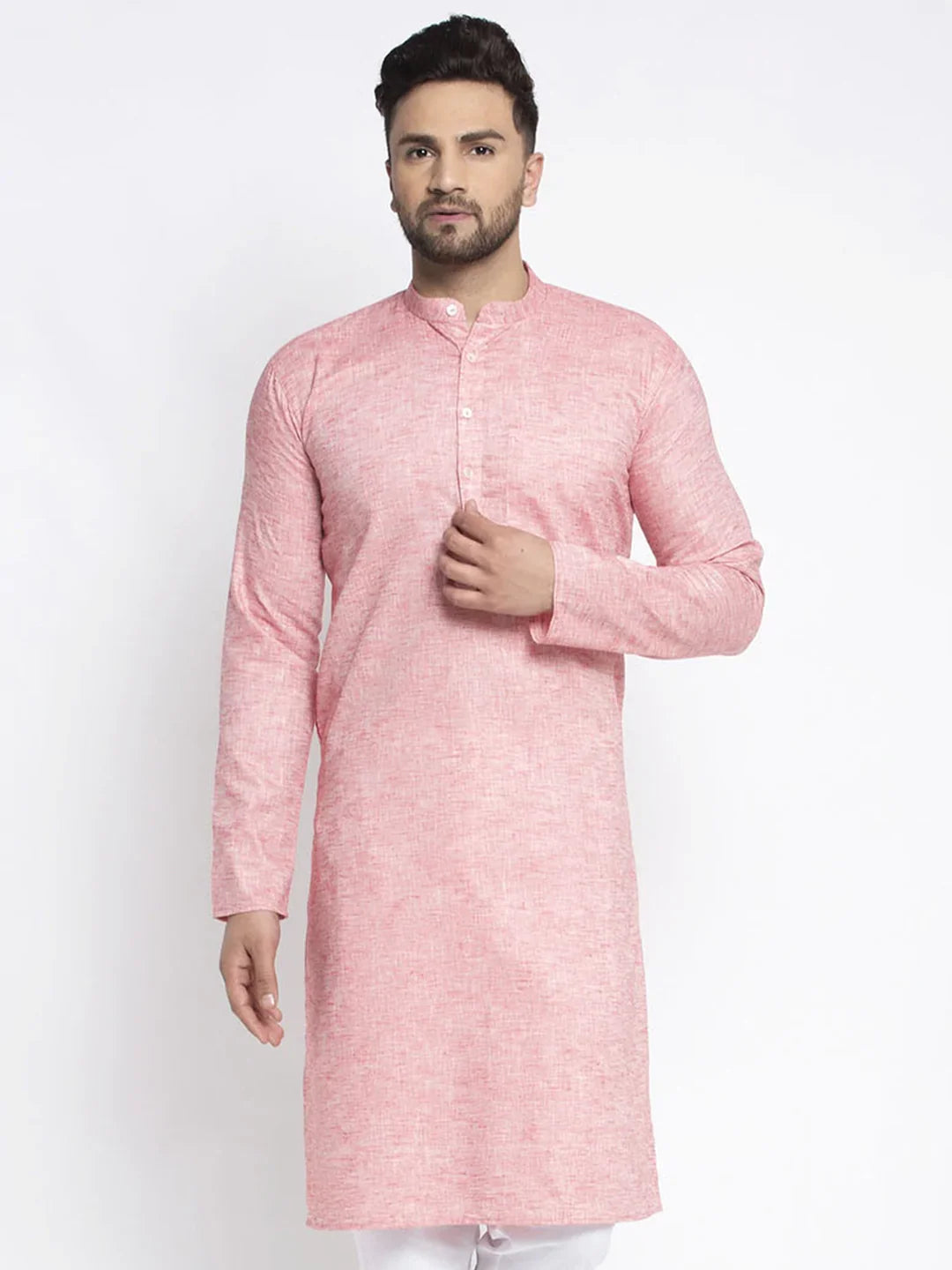 DesiQlo Men Pink & White Self Design Kurta Only ( KO 638 Coral )