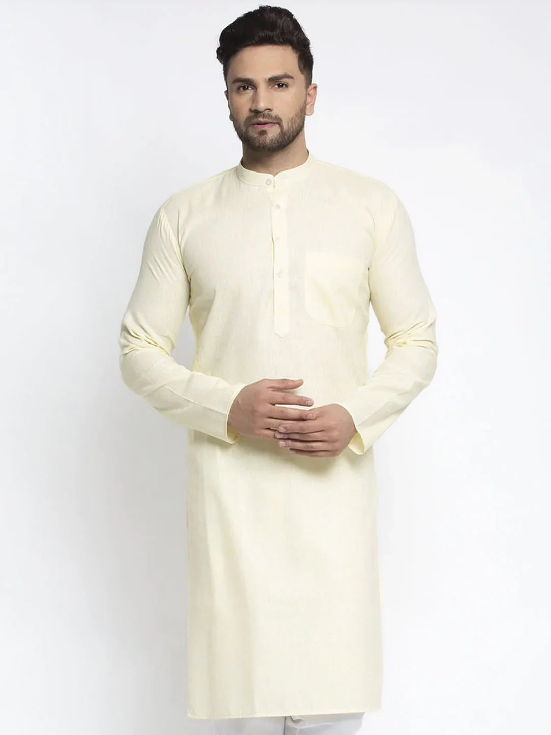 DesiQlo Men Lemon Yellow & White Self Design Kurta Only ( KO 638 Lemon )