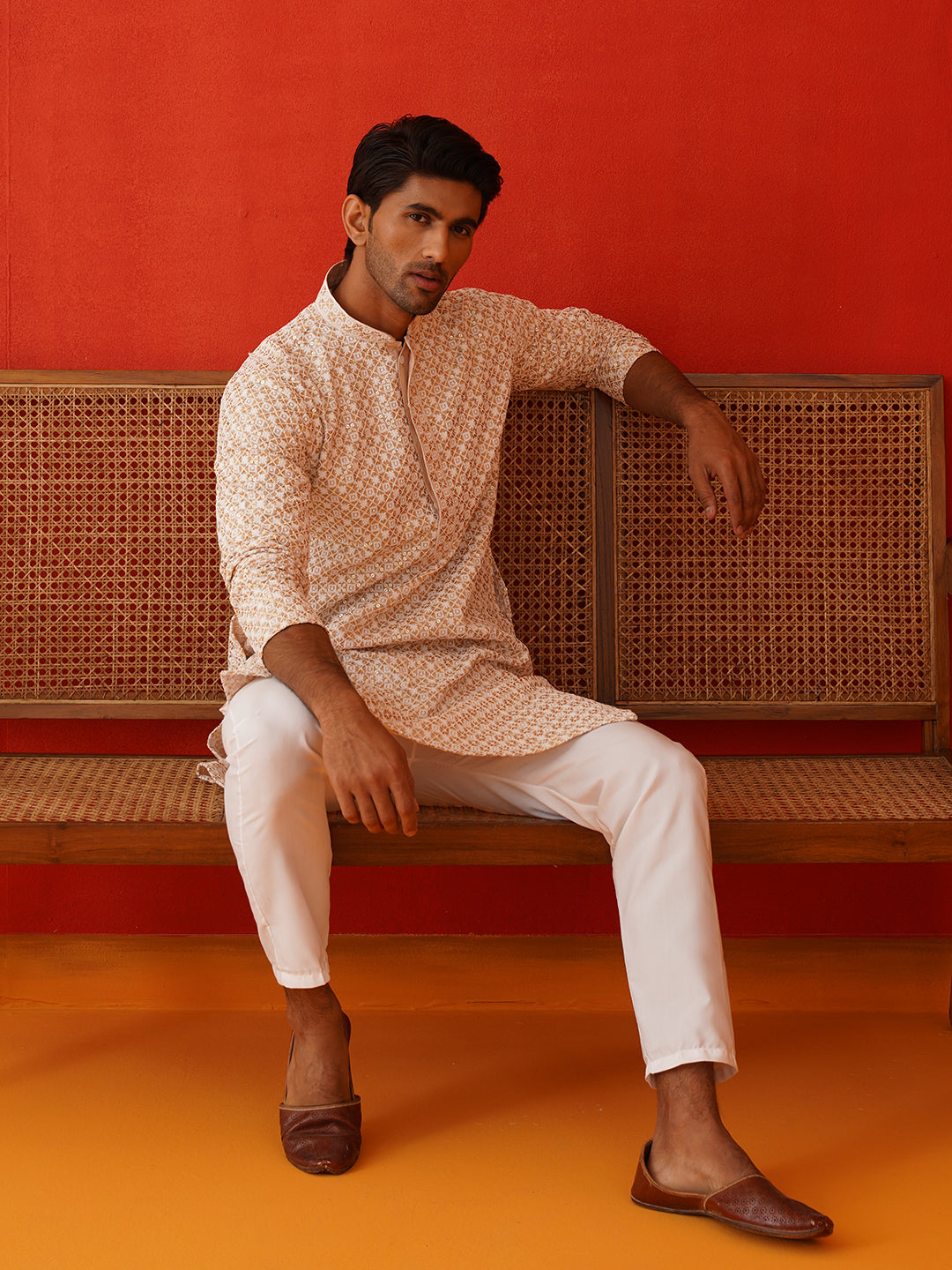 DesiQlo Men Embroidered Kurta Only - Beige - KKO_5128Beige_S