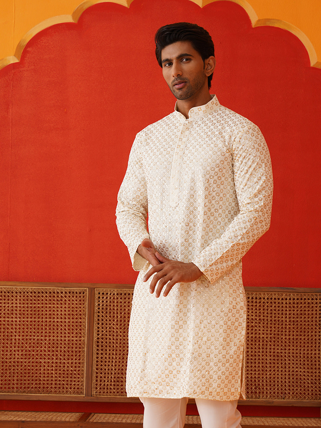 DesiQlo Men Embroidered Kurta Only - Beige - KKO_5128Cream_S