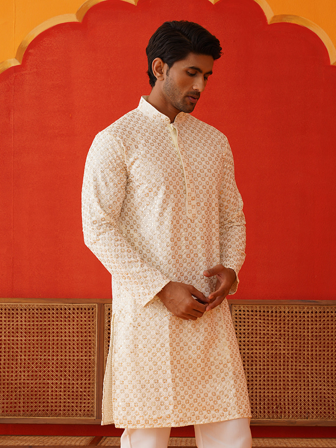 DesiQlo Men Embroidered Kurta Only - Beige - KKO_5128Cream_S