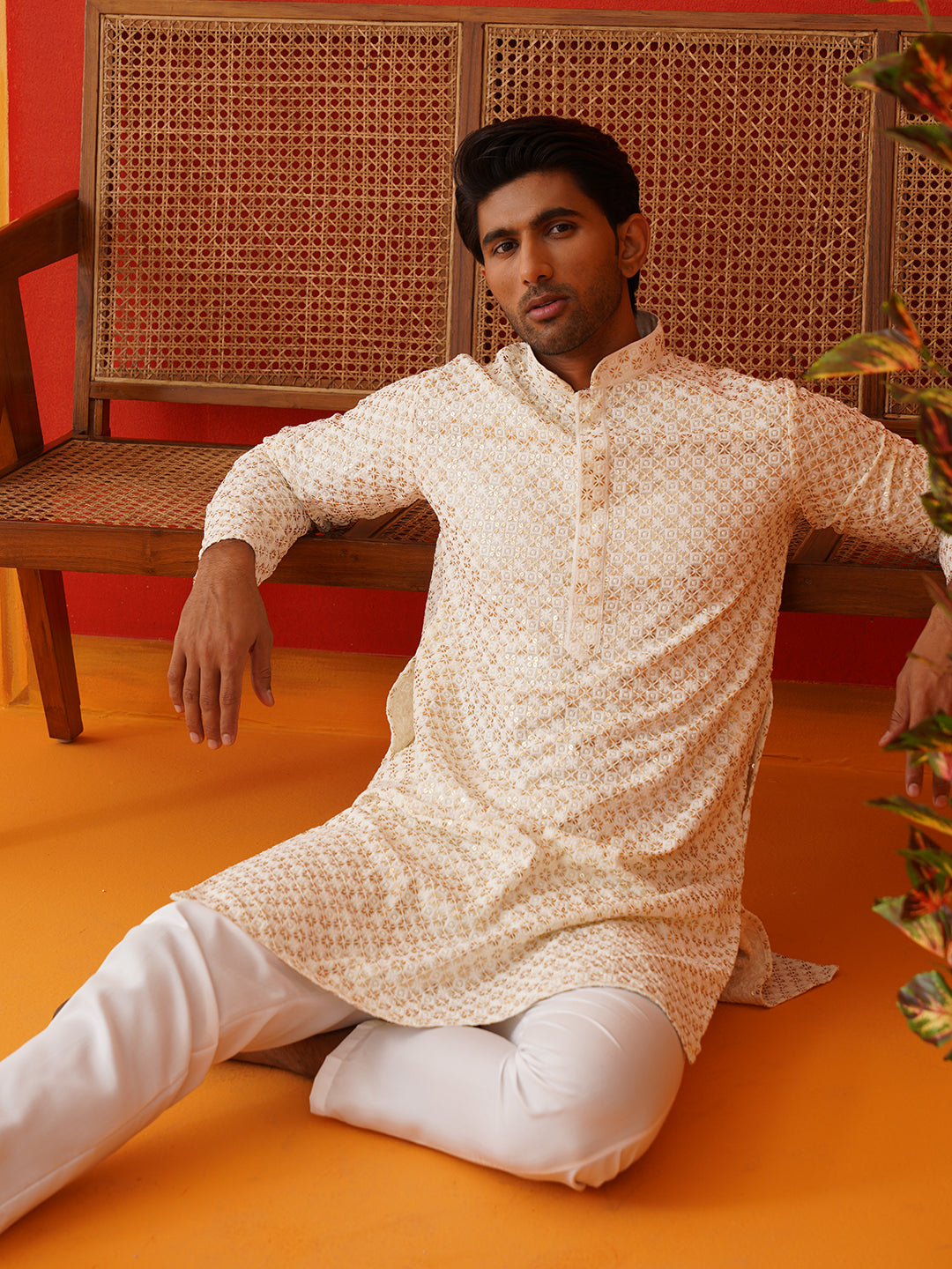 DesiQlo Men Embroidered Kurta Only - Beige - KKO_5128Cream_S
