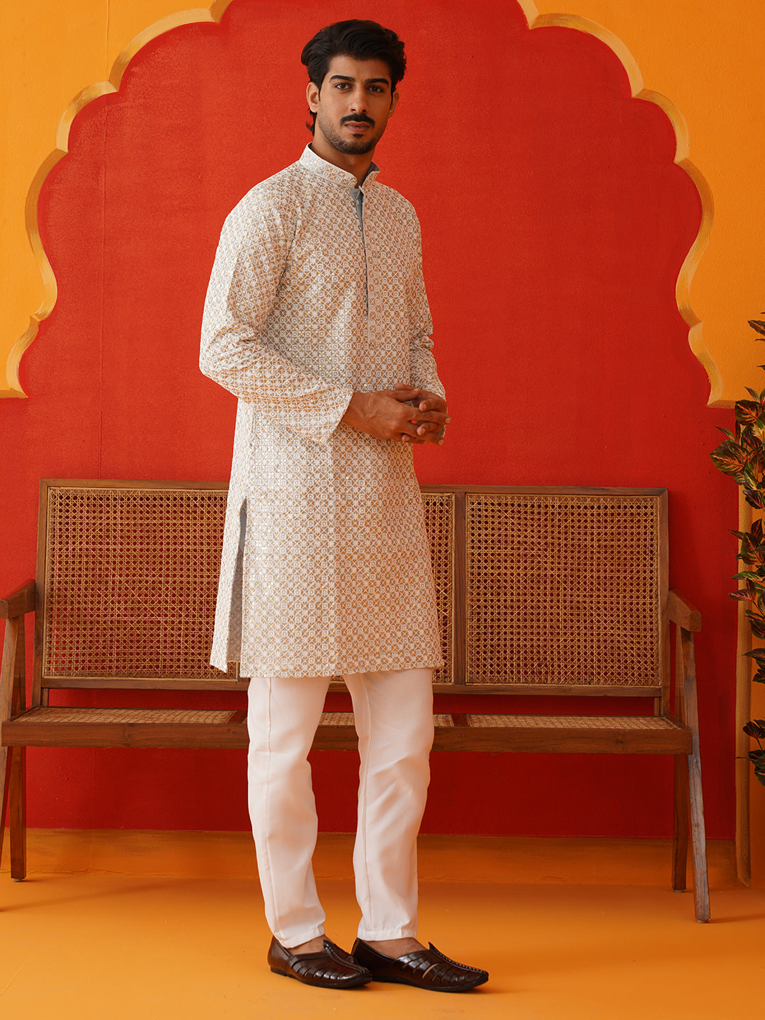 DesiQlo Men Embroidered Kurta Only - Grey - KKO_5128Grey_S