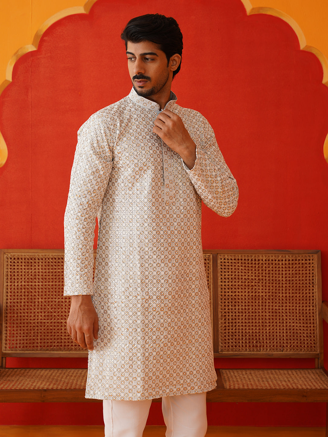 DesiQlo Men Embroidered Kurta Only - Grey - KKO_5128Grey_S