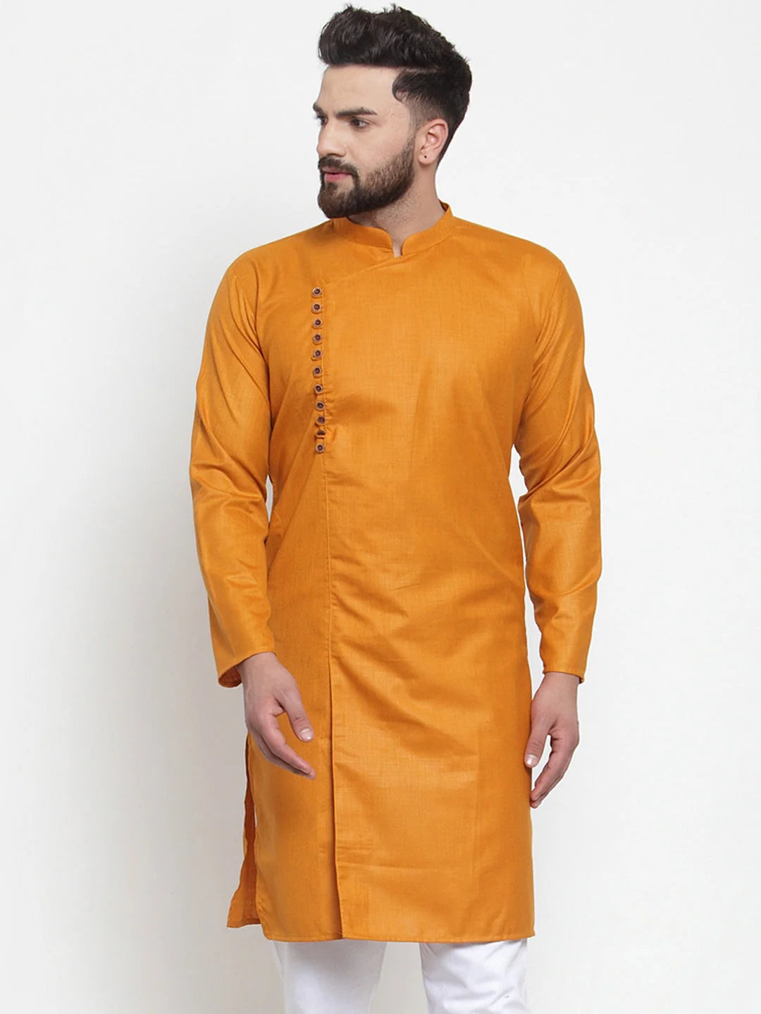 Men Mustard Solid Kurta Only