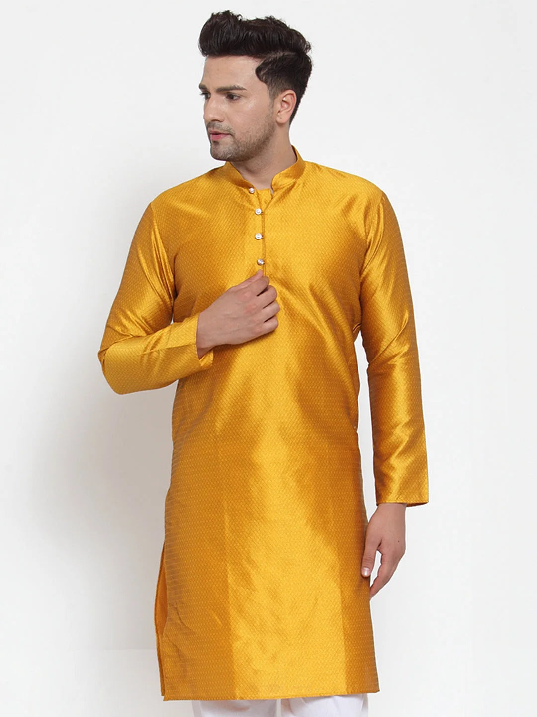 Men's Yellow Jacquard Indian Kurta | Shop Kurtas Online