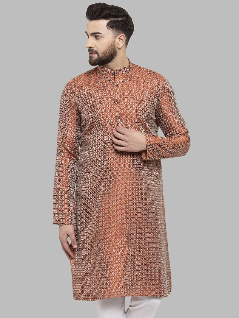 Men Orange & White Woven Design Kurta Only