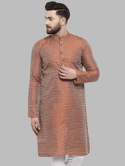 Men Orange & White Woven Design Kurta Only