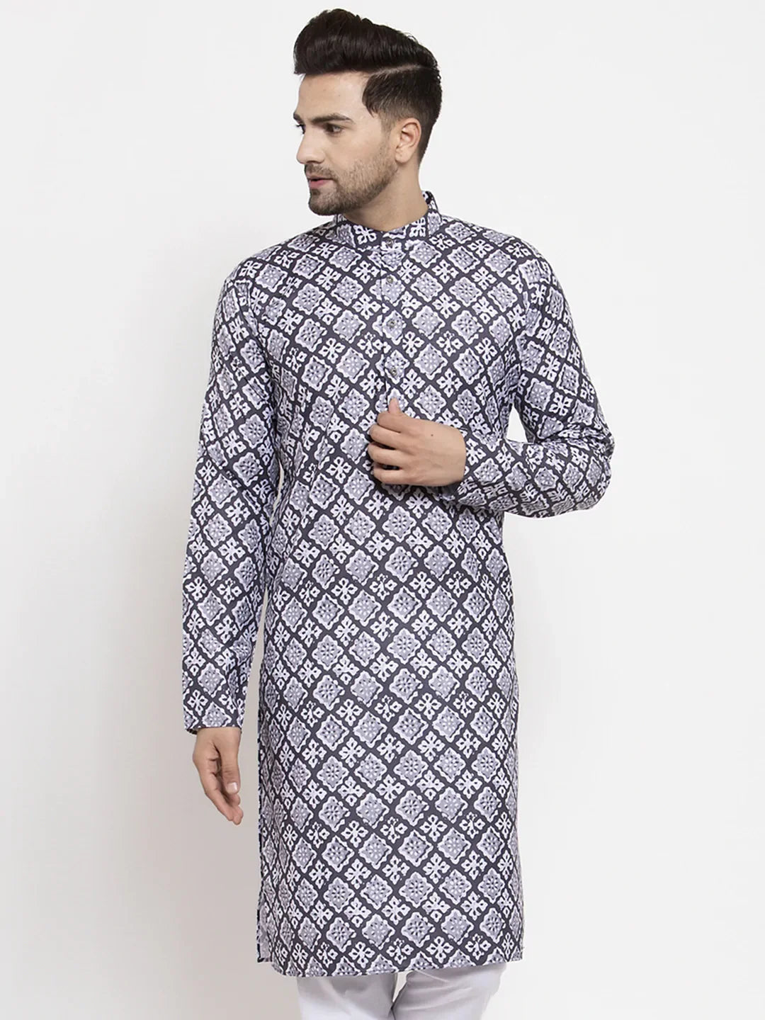 Blue & White Printed Mens Kurta Only | Indian Kurta