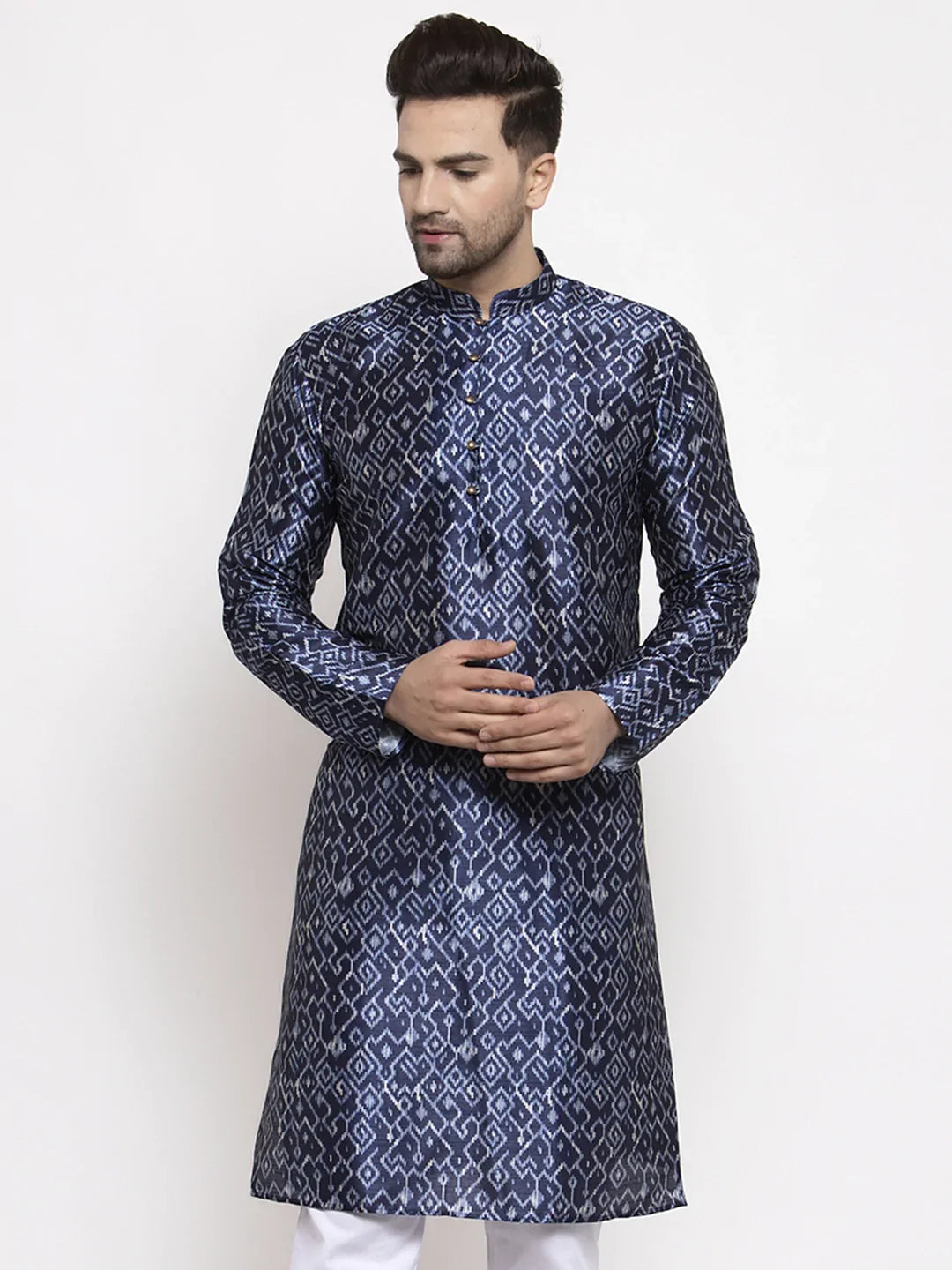 Navy & White Printed Mens Kurta | Modern Indian Kurta for Men