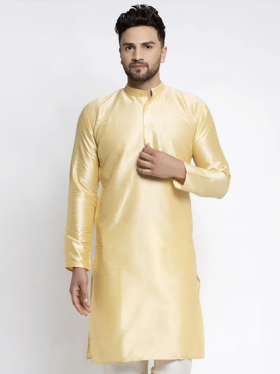 Men's Golden Solid Dupion Silk Kurta Only