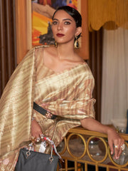 Women's Blend Beige Woven Design Handloom Saree With Blouse Piece-KLASCL282001