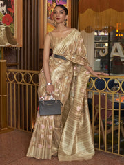 Women's Blend Beige Woven Design Handloom Saree With Blouse Piece-KLASCL282001