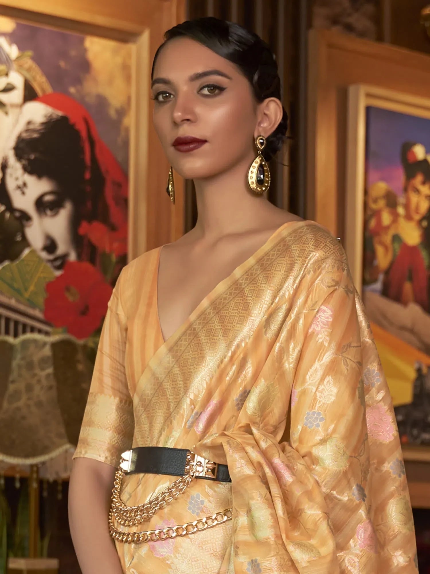Peach Woven Polyester Saree with Blouse | Indian Wedding Sarees