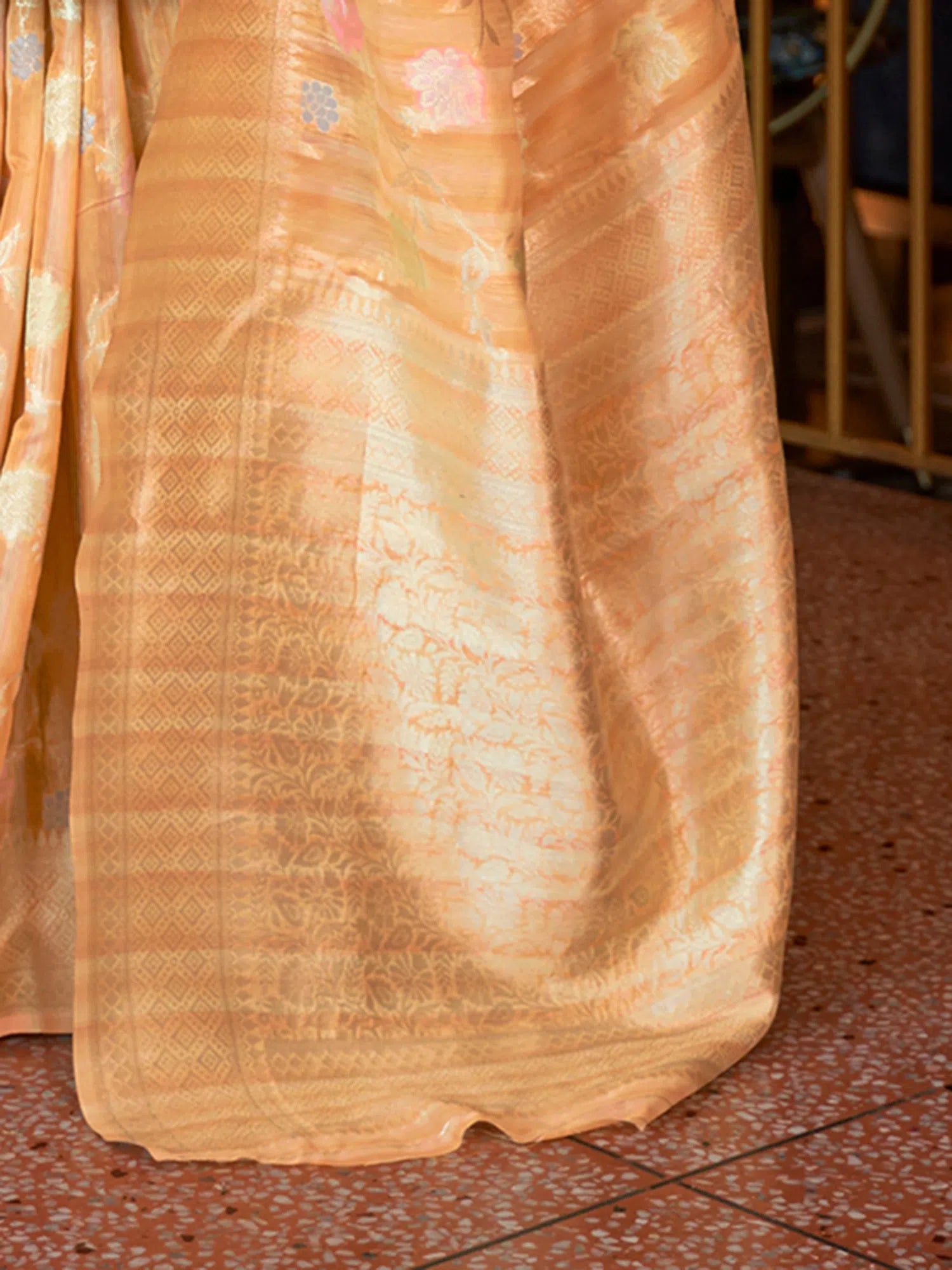 Peach Woven Polyester Saree with Blouse | Indian Wedding Sarees
