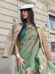 Women's Organza Green Woven Design Designer Saree With Blouse Piece-KLAY325001