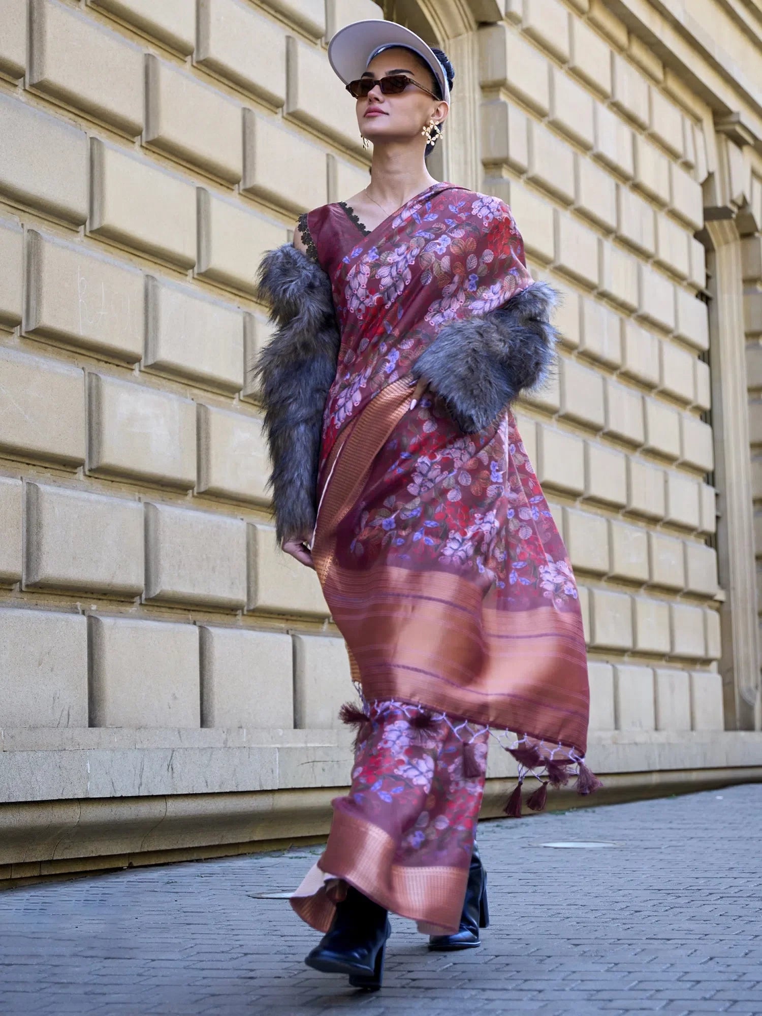 Burgundy Organza Saree | Designer Sarees India