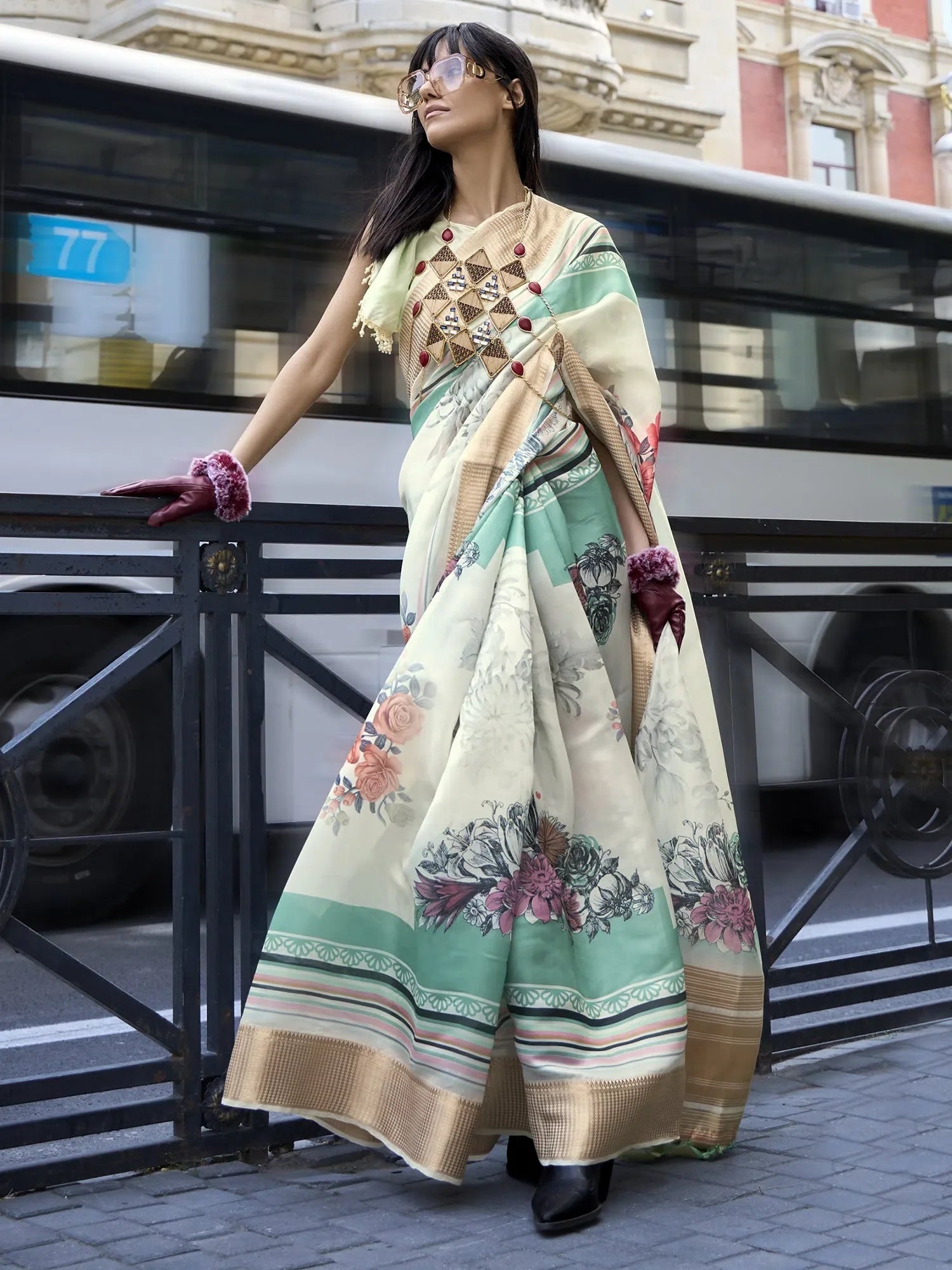Off White Organza Saree | Indian Sari with Blouse