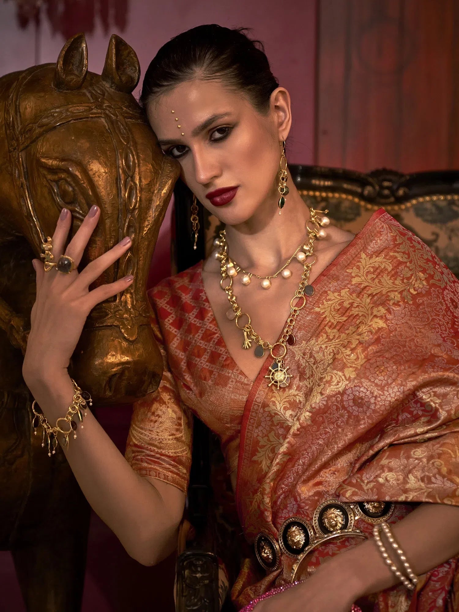 Rust Woven Polyester Saree with Blouse | Designer Sarees India