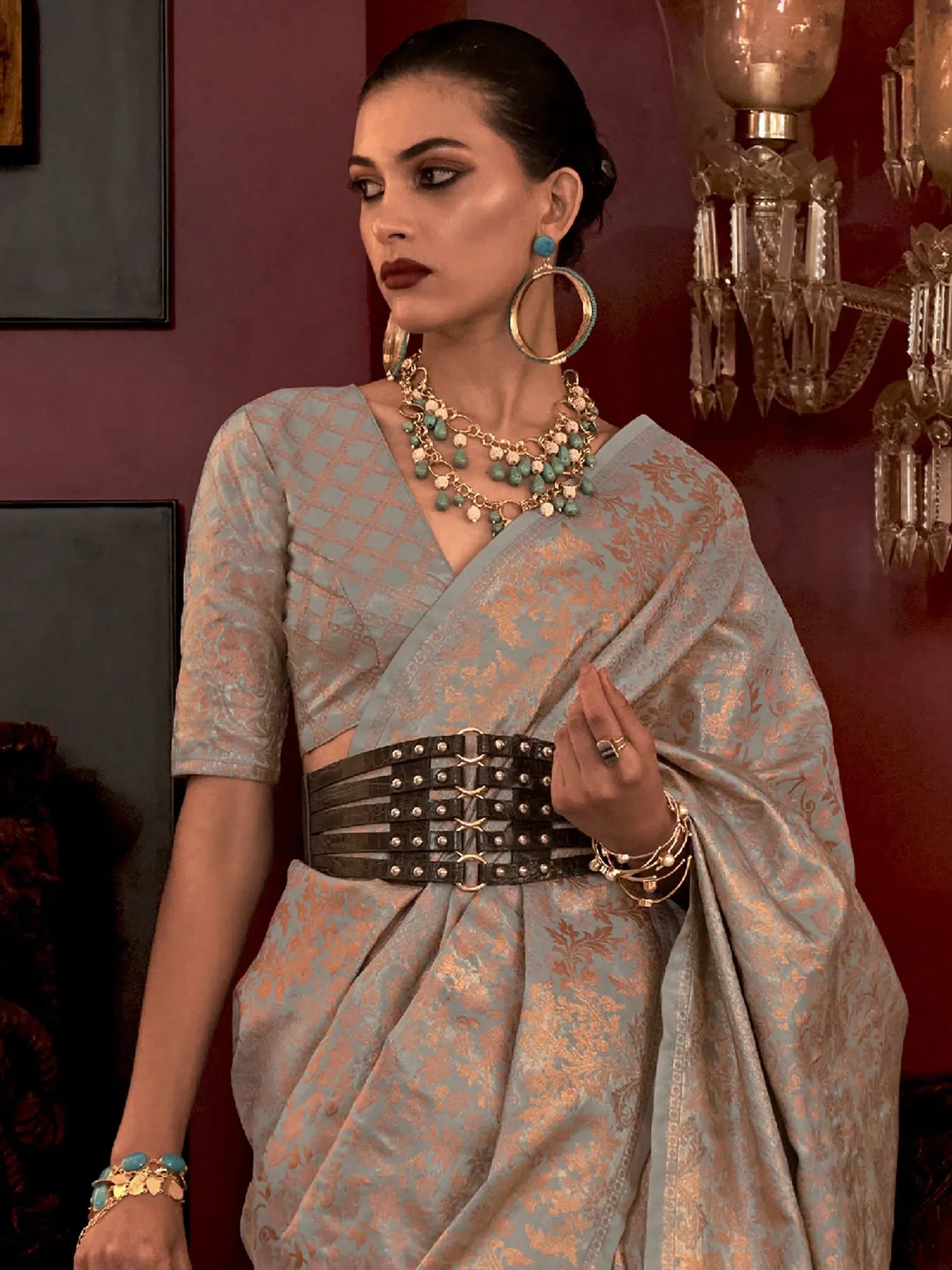 Grey Woven Polyester Saree with Blouse | Designer Sarees India