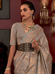 Women's Blend Grey Woven Design Designer Saree With Blouse Piece-KLKATI327004