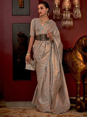 Women's Blend Grey Woven Design Designer Saree With Blouse Piece-KLKATI327004
