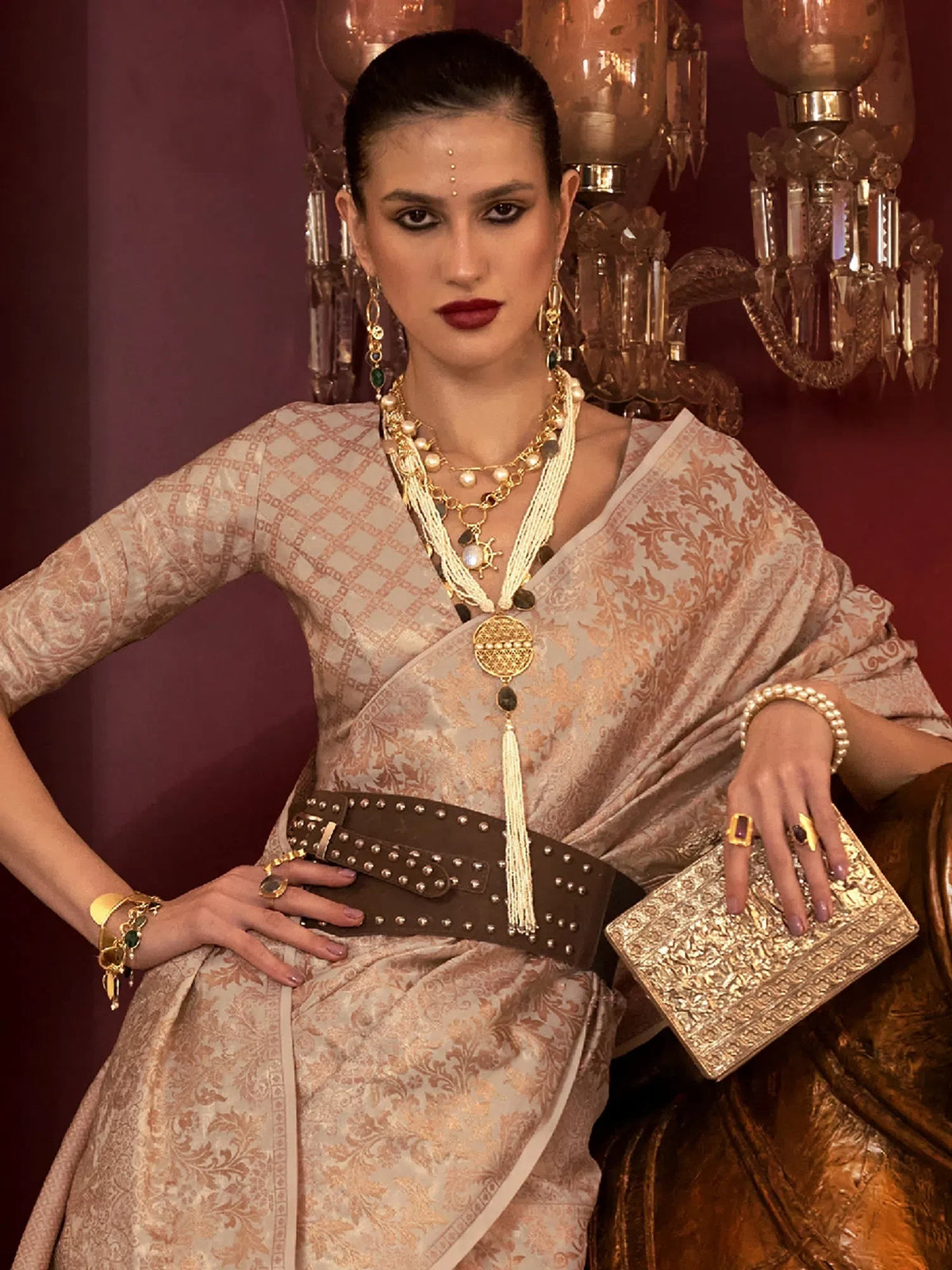 Women's  Blend Cream Woven Design Designer Saree With Blouse Piece-KLKATI327005