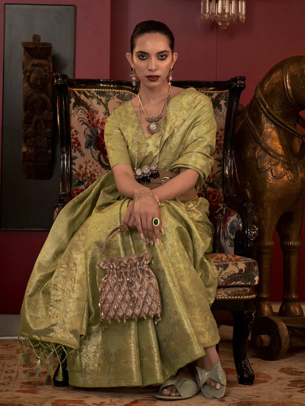 Women's  Blend Light Green Woven Design Designer Saree With Blouse Piece-KLKATI327006
