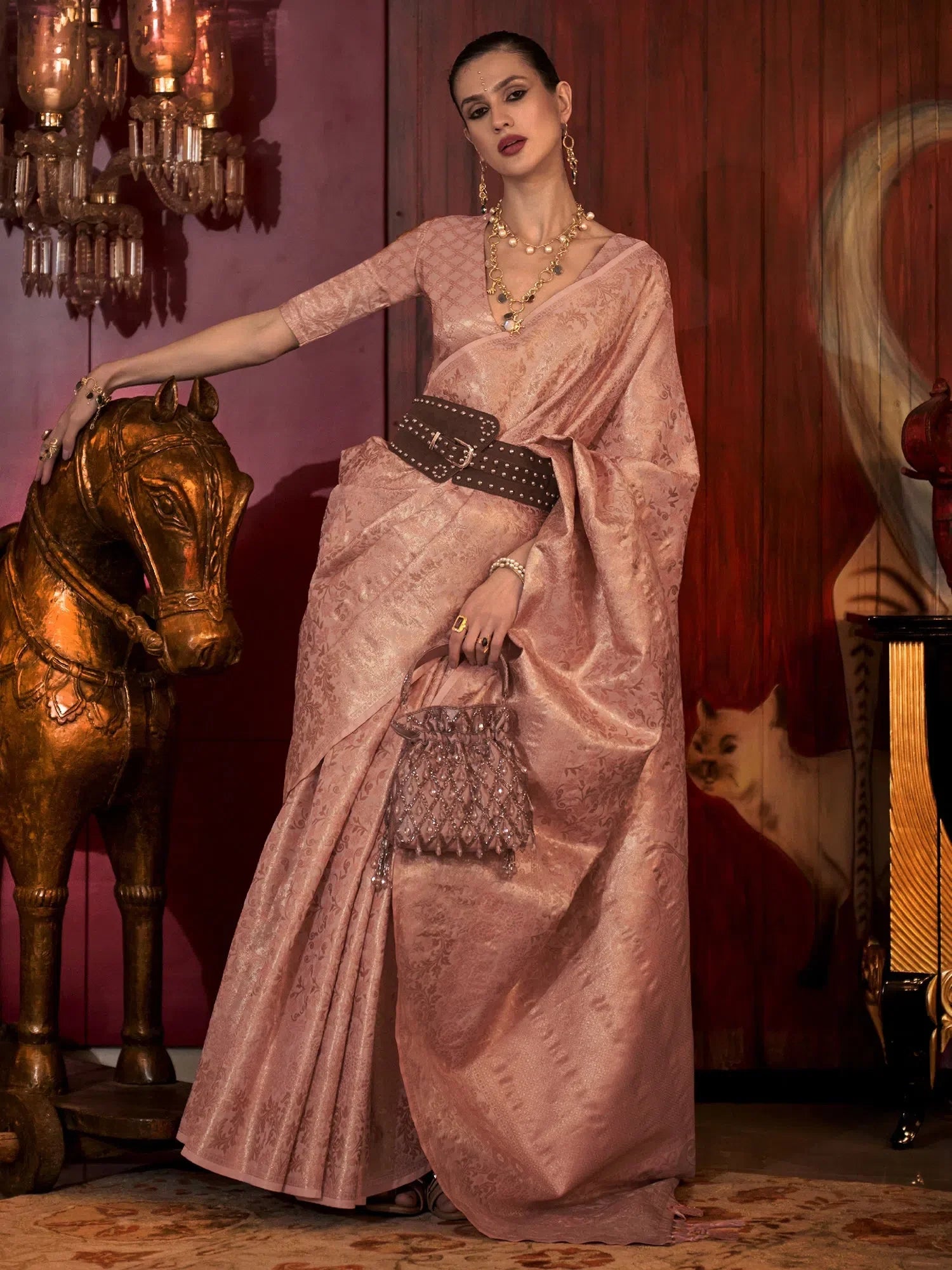 Pink Woven Polyester Saree with Blouse - Designer Sarees India