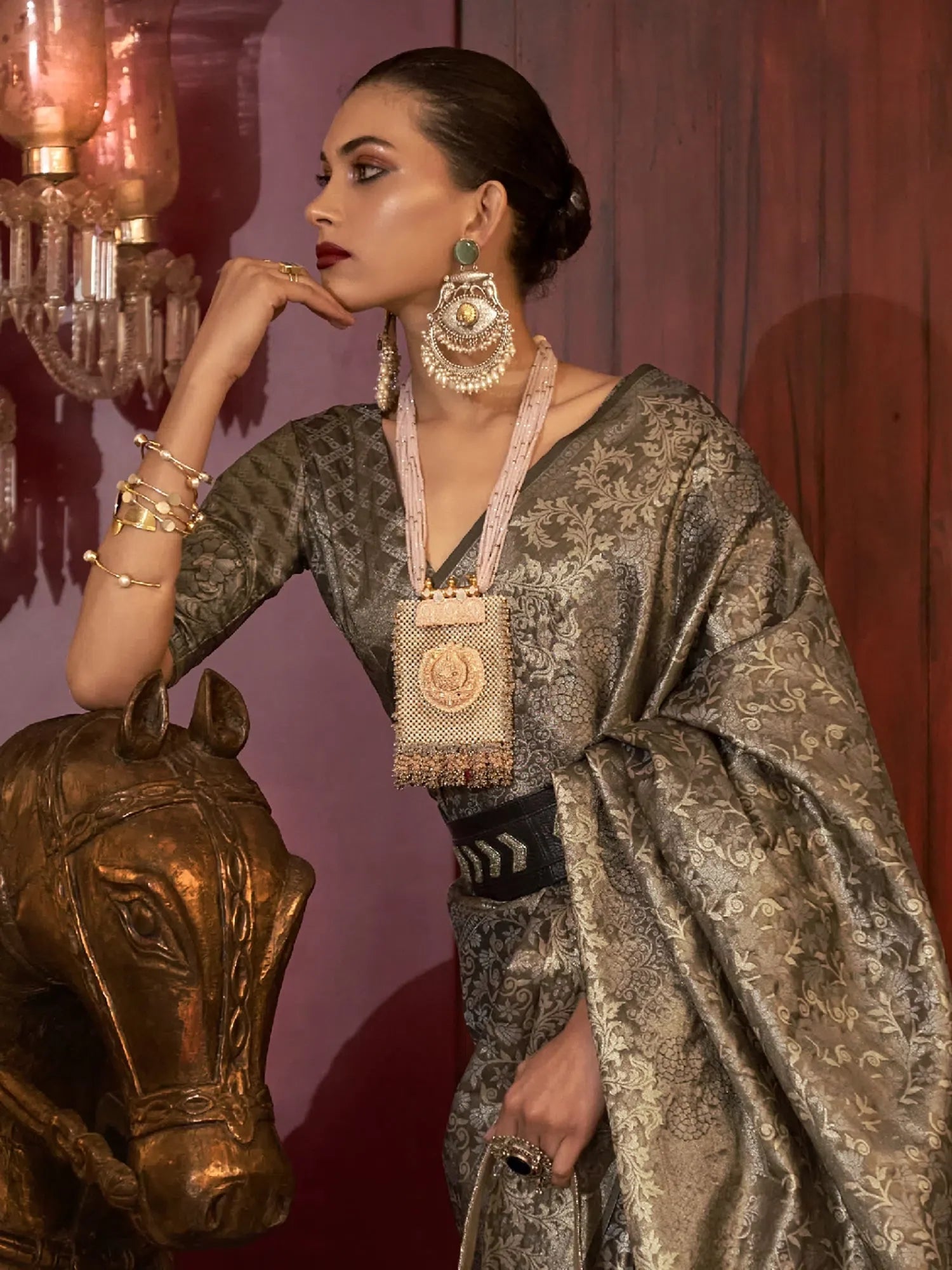 Olive Woven Design Saree - Indian Sari with Blouse