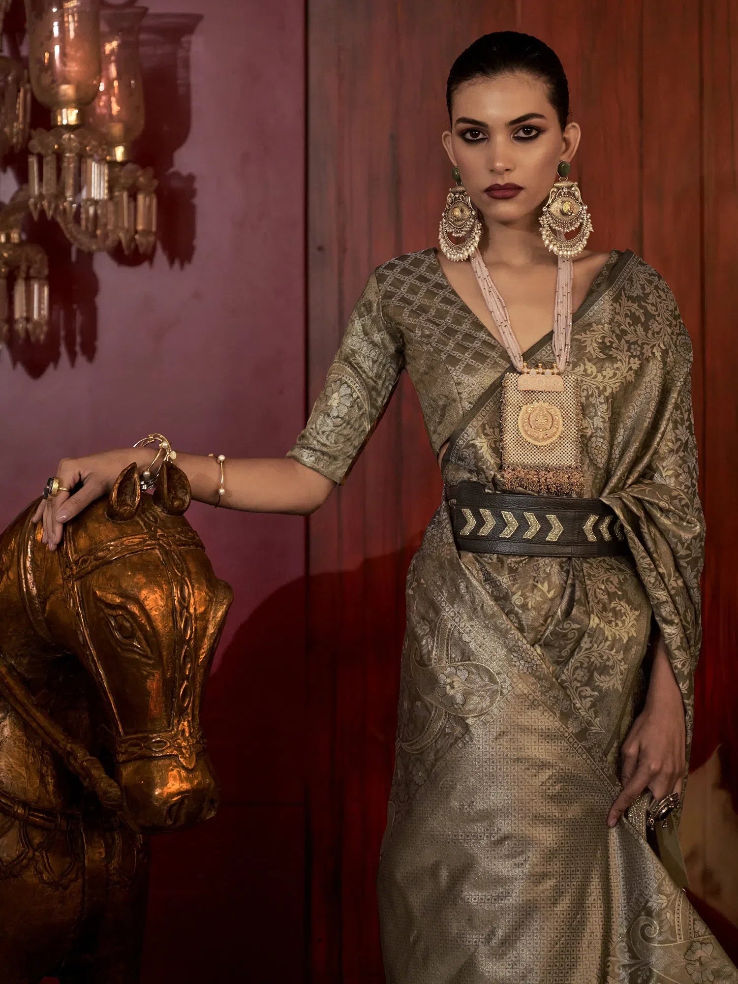 Olive Woven Design Saree - Indian Sari with Blouse