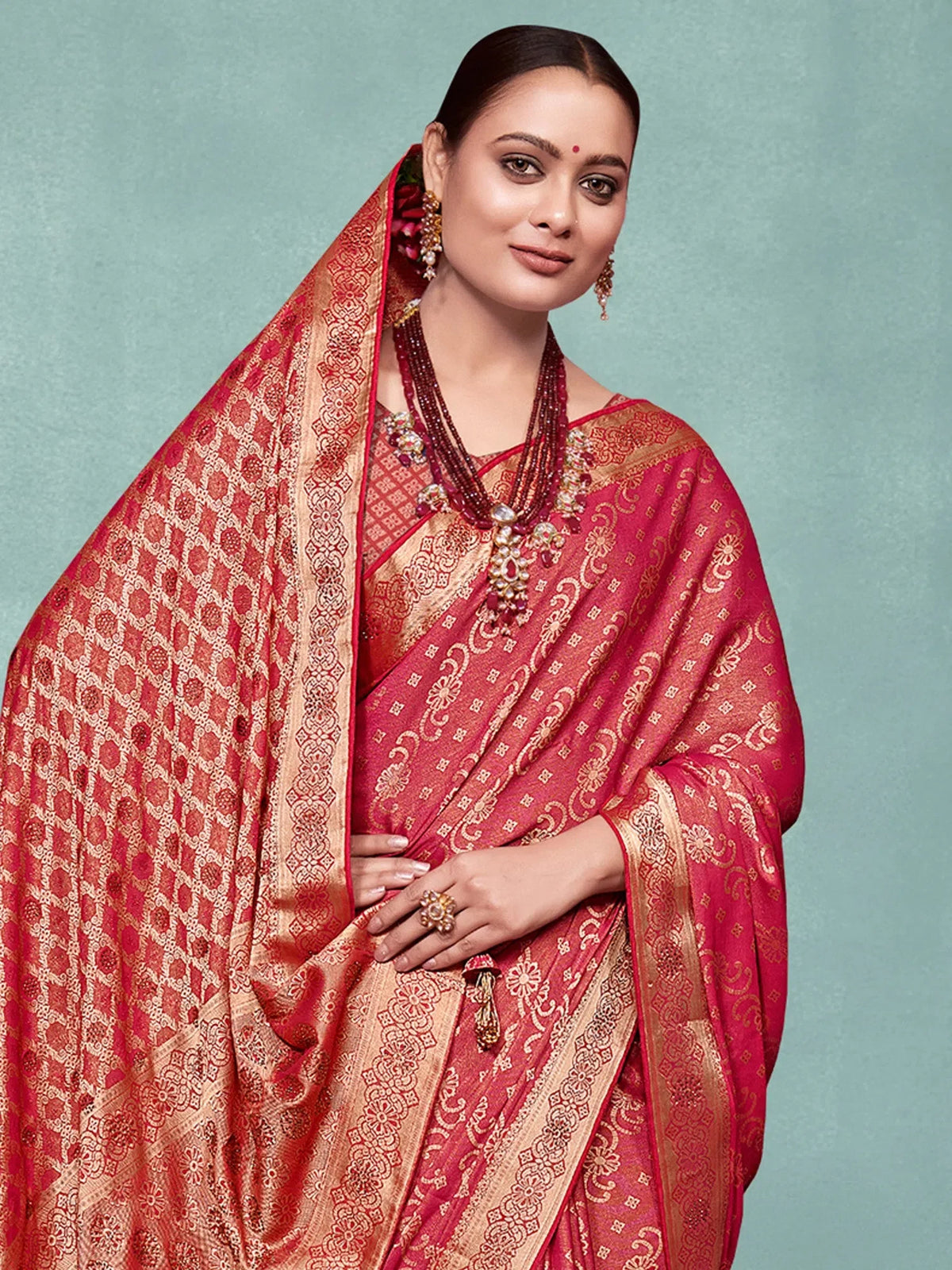 Women's Pure Red Woven Design Designer Saree With Blouse Piece-KLKRUTI5186