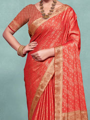 Women's Pure Orange Woven Design Designer Saree With Blouse Piece-KLKRUTI5188