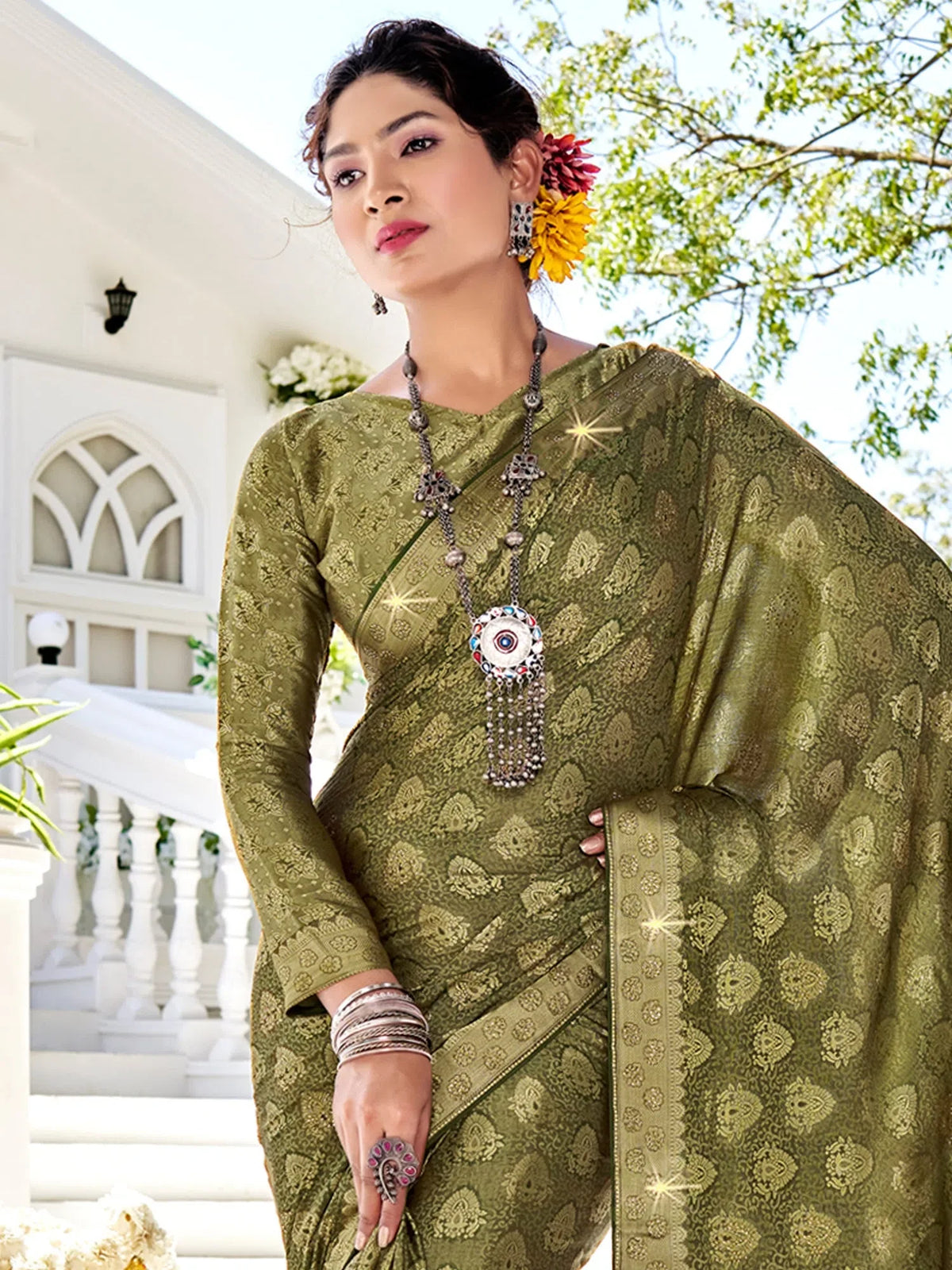 Women's Pure  Olive Woven Design Designer Saree With Blouse Piece-KLKRUTI5198
