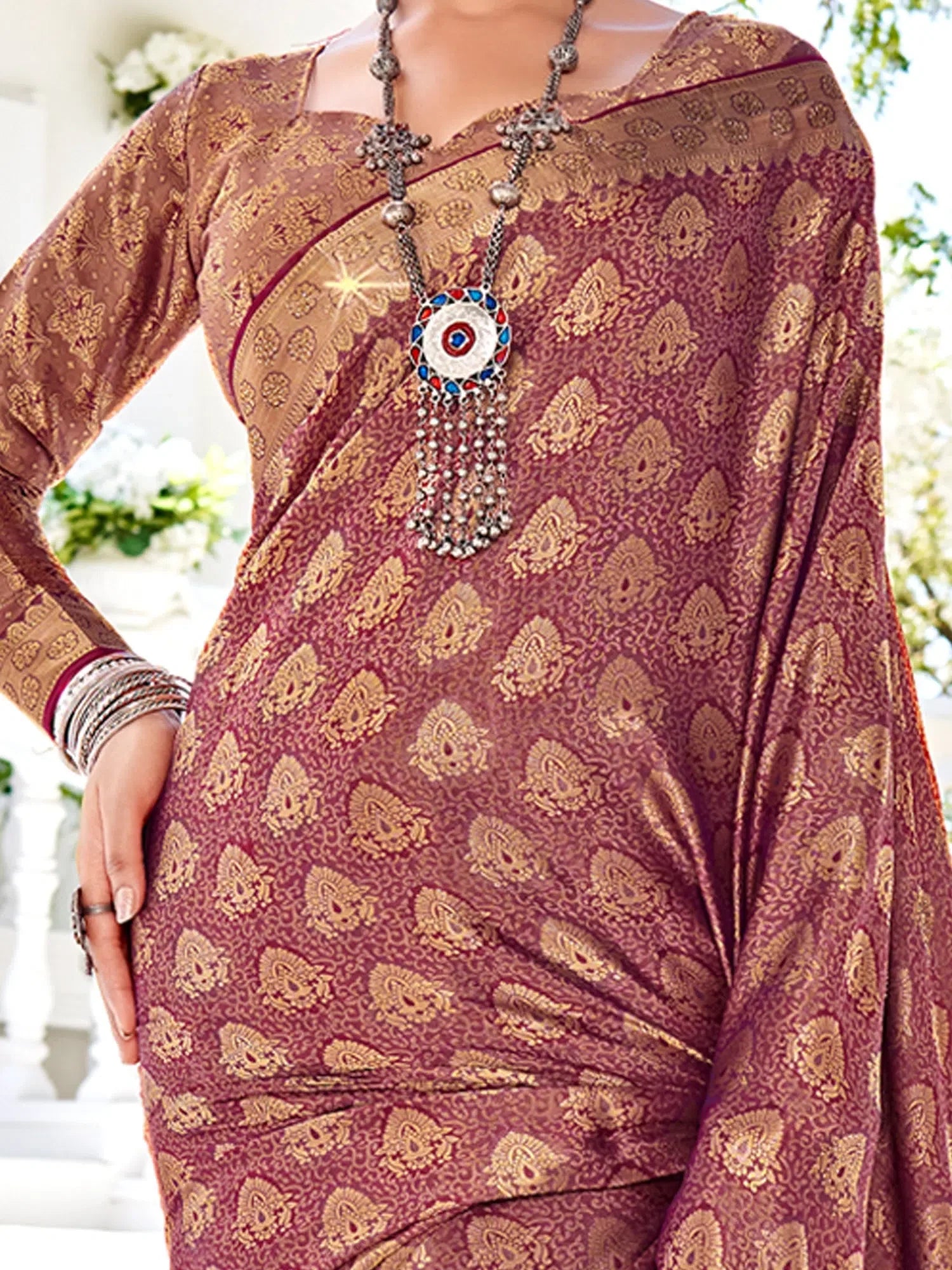 Burgundy Silk Saree - Indian Wedding Sarees & Designer Blouse