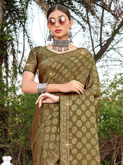 Women's Pure Olive Woven Design Designer Saree With Blouse Piece-KLKRUTI5208