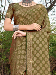 Women's Pure Olive Woven Design Designer Saree With Blouse Piece-KLKRUTI5208