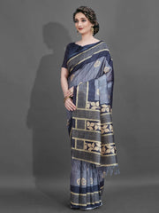 Women's Cotton Blend Teal Blue Printed Designer Saree With Blouse Piece-ENISA104