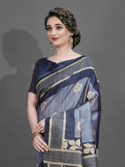 Women's Cotton Blend Teal Blue Printed Designer Saree With Blouse Piece-ENISA104