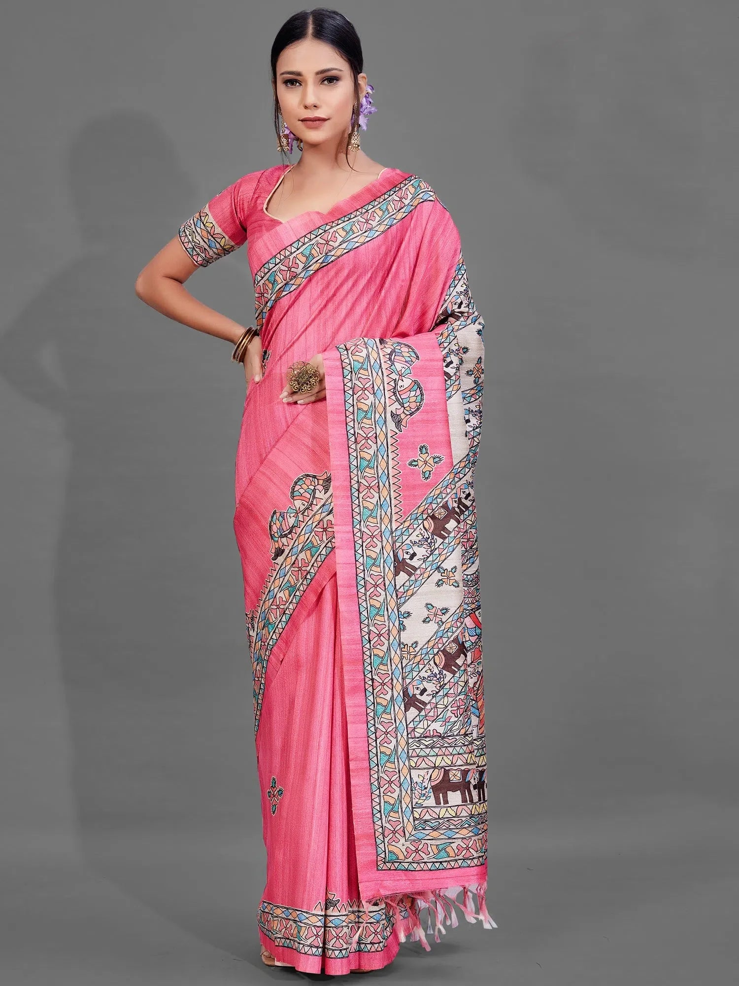 Pink Digital Print Indian Sari - Designer Polyester Saree