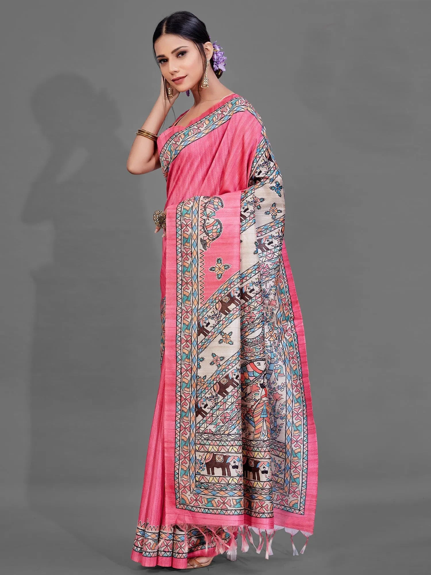 Pink Digital Print Indian Sari - Designer Polyester Saree