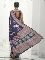 Women's Crepe Navy Blue Digital Print Celebrity Saree With Blouse Piece-KLMKR232004