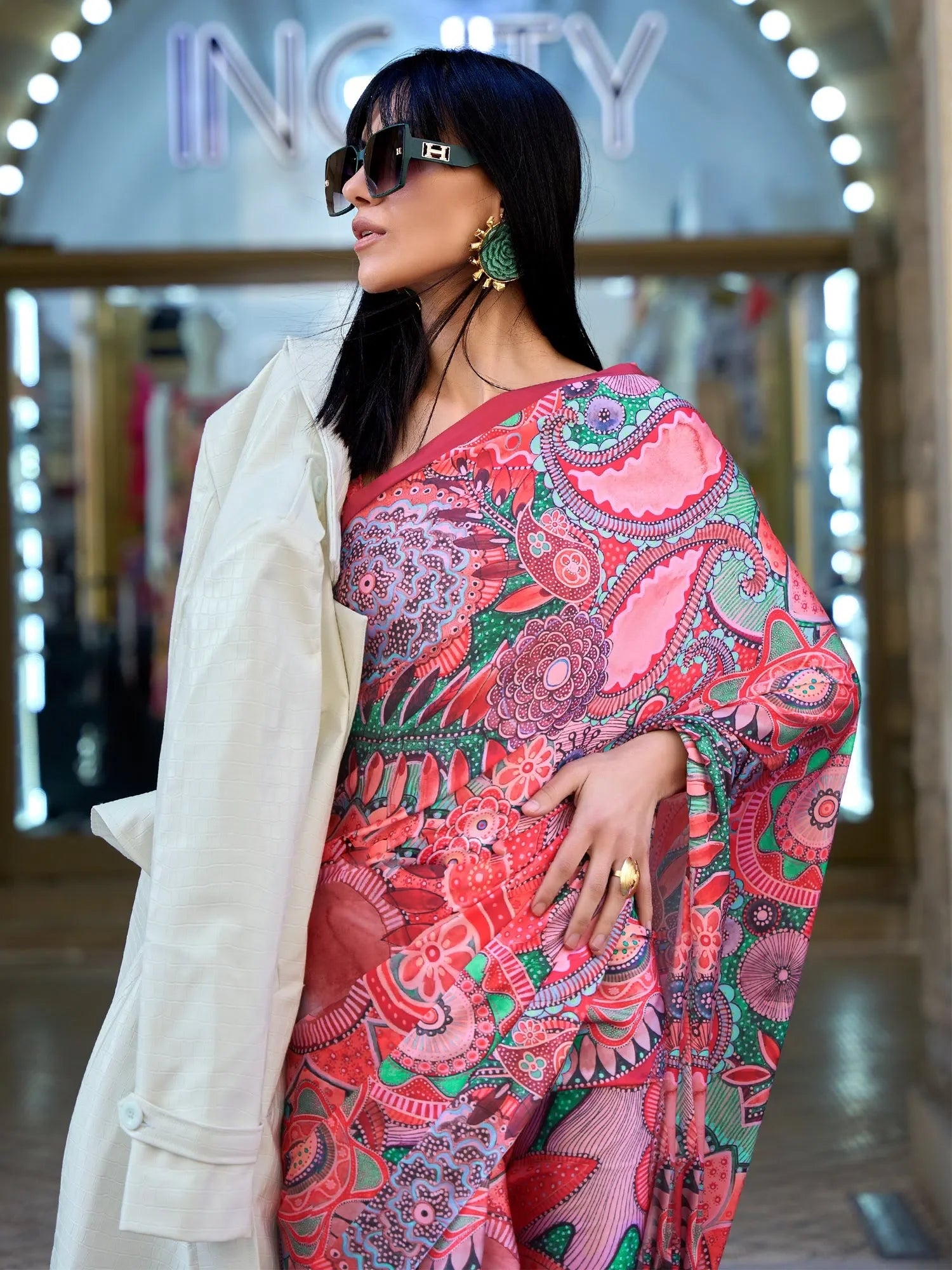 Red Digital Print Satin Saree | Indian Sari & Blouse