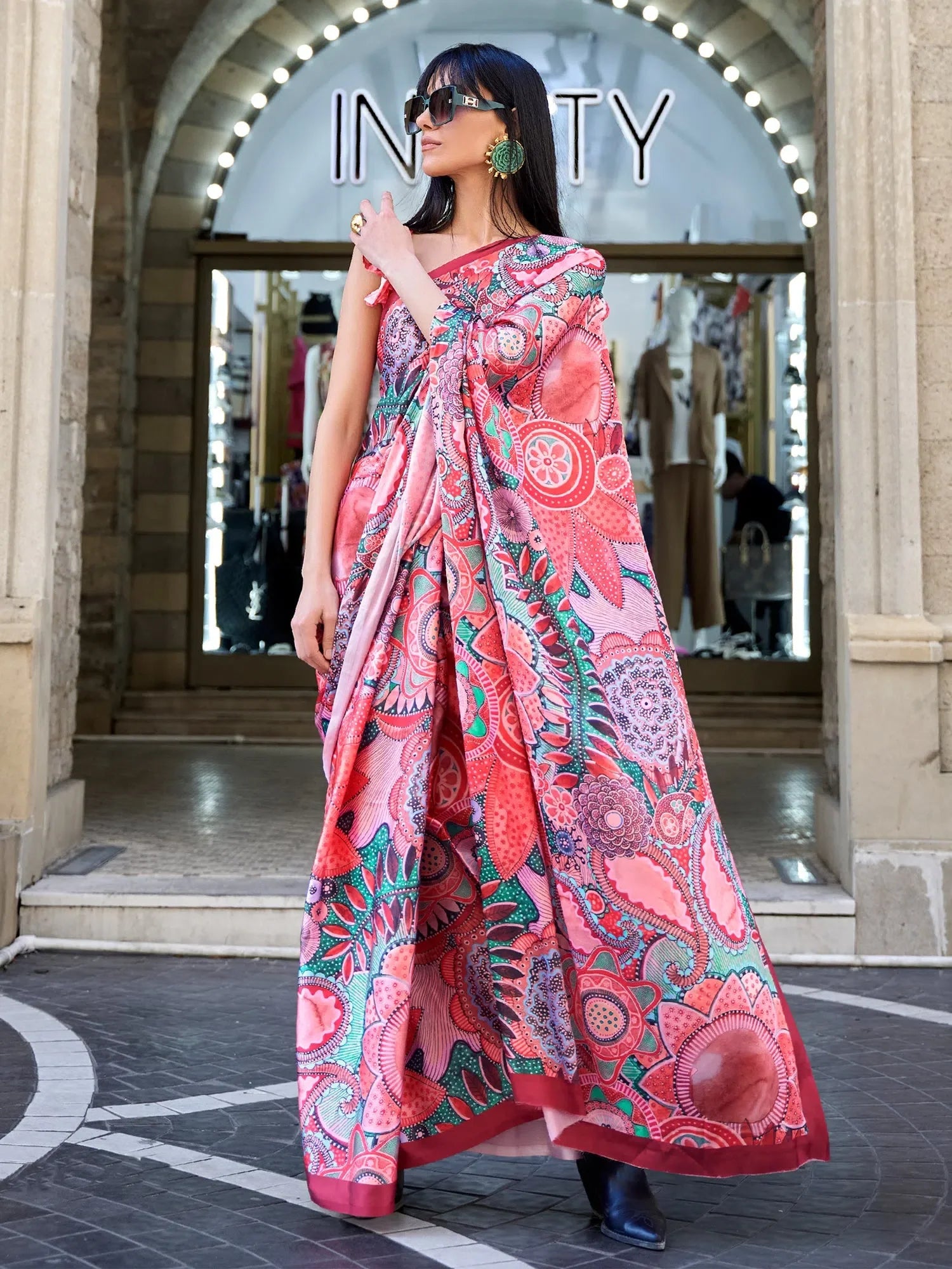 Red Digital Print Satin Saree | Indian Sari & Blouse
